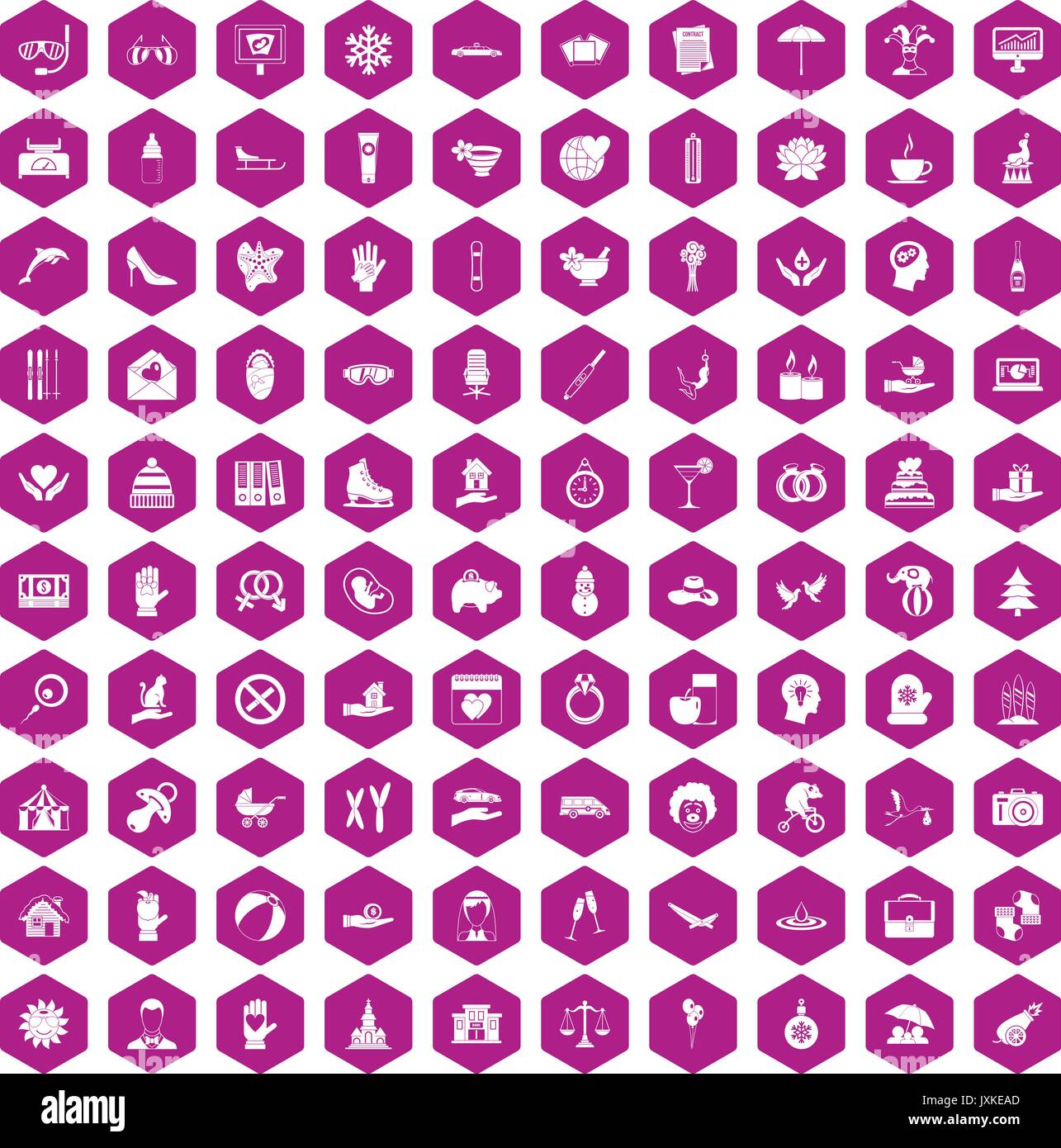 100 joy icons hexagon violet Stock Vector