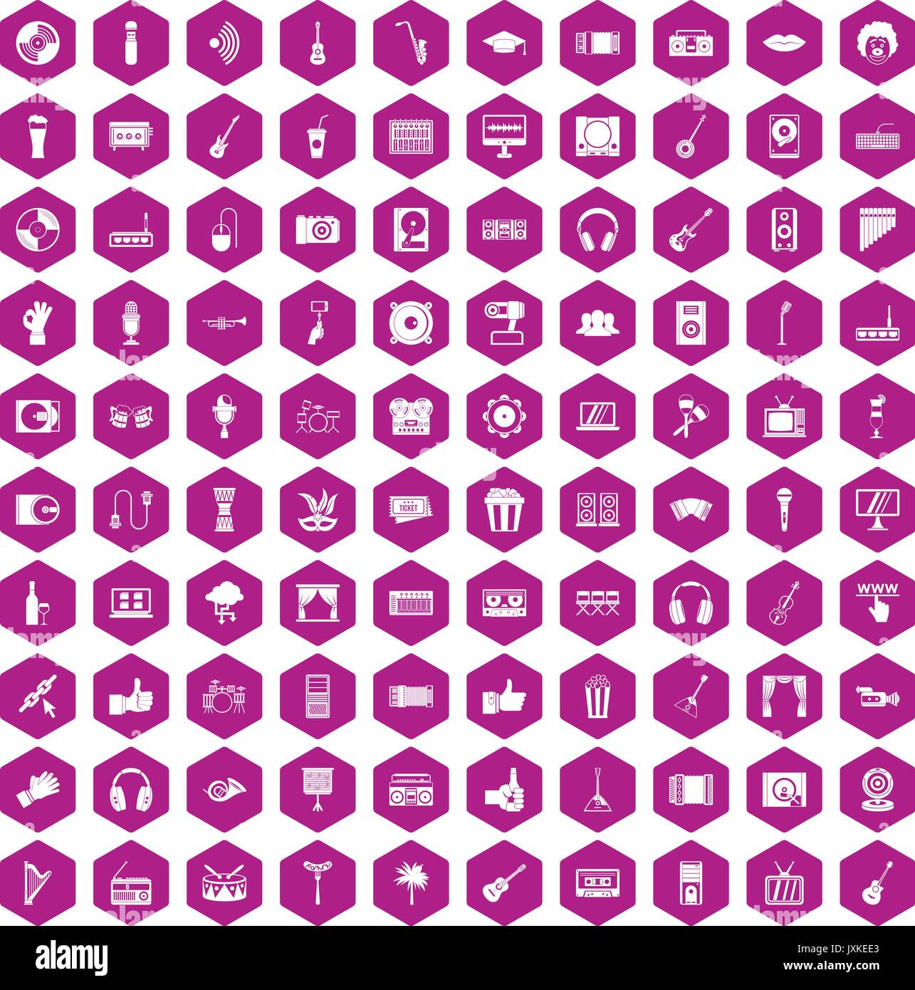 100 karaoke icons hexagon violet Stock Vector