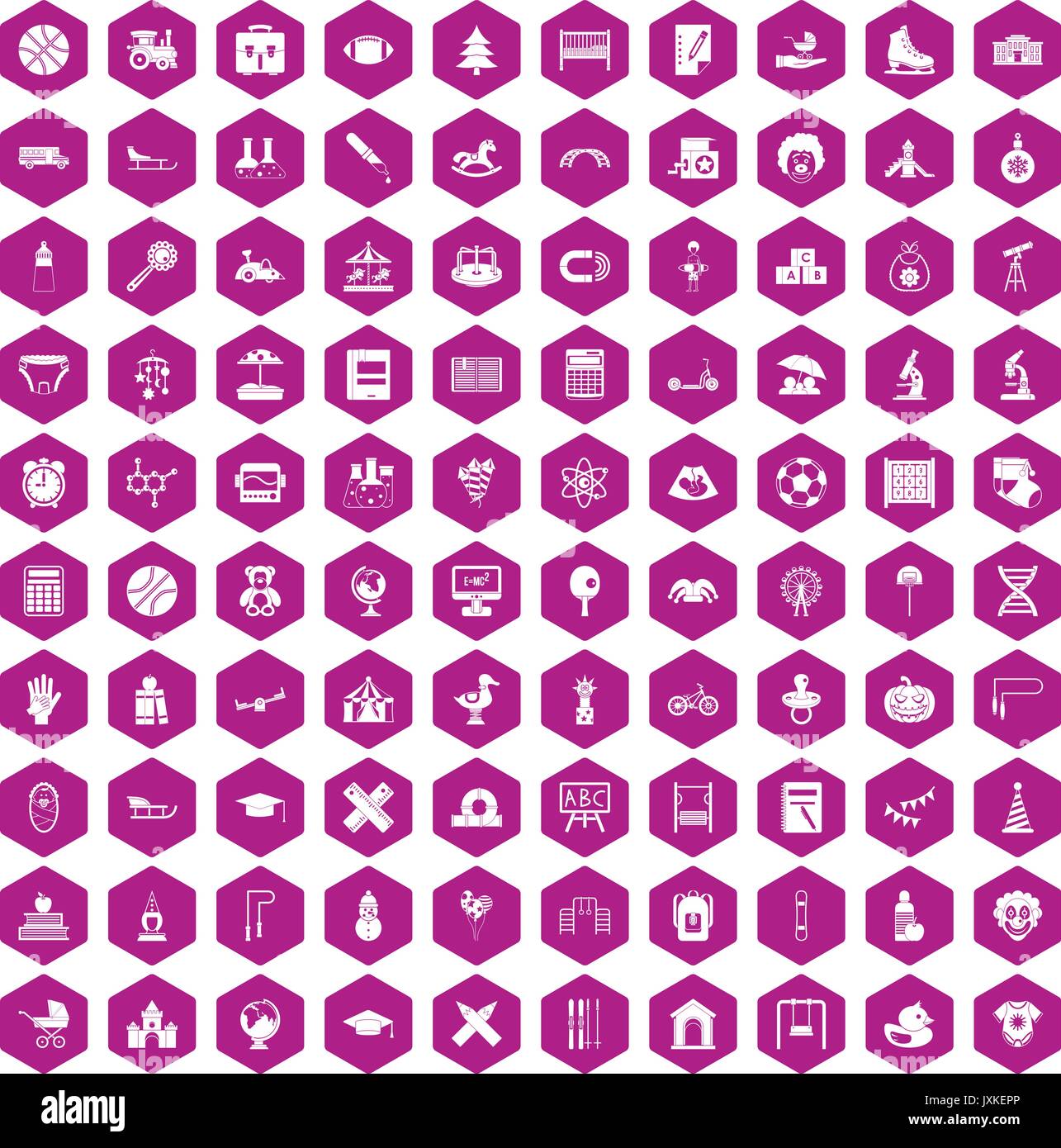 100 kids icons hexagon violet Stock Vector