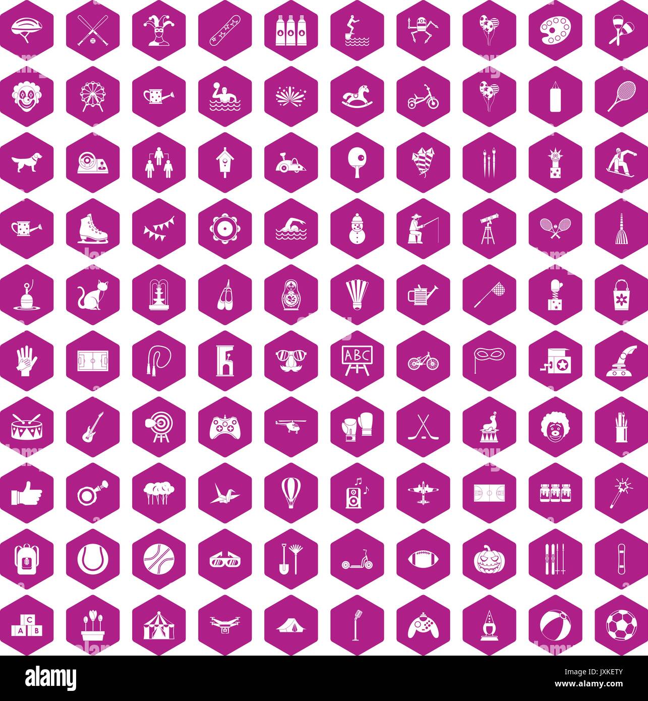100 kids activity icons hexagon violet Stock Vector