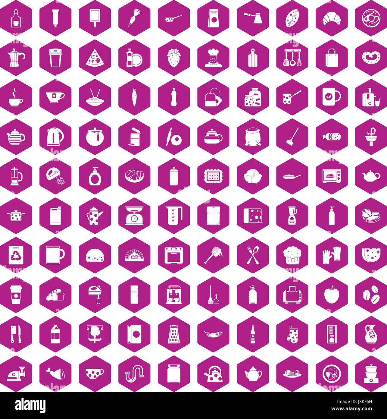 100 kitchen icons hexagon violet Stock Vector