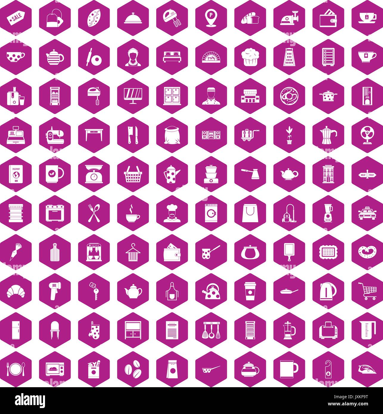 100 kitchen utensils icons hexagon violet Stock Vector