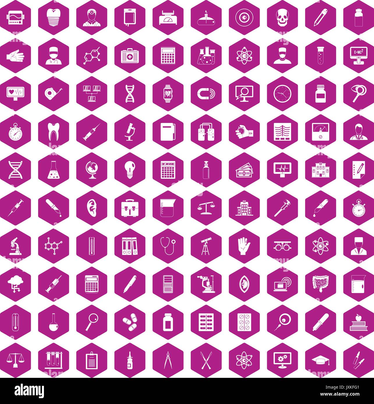 100 lab icons hexagon violet Stock Vector