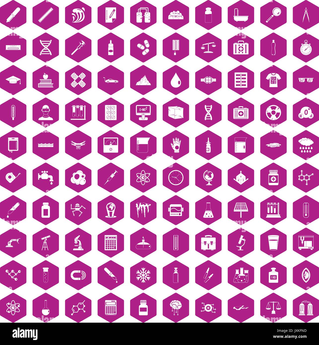 100 laboratory icons hexagon violet Stock Vector