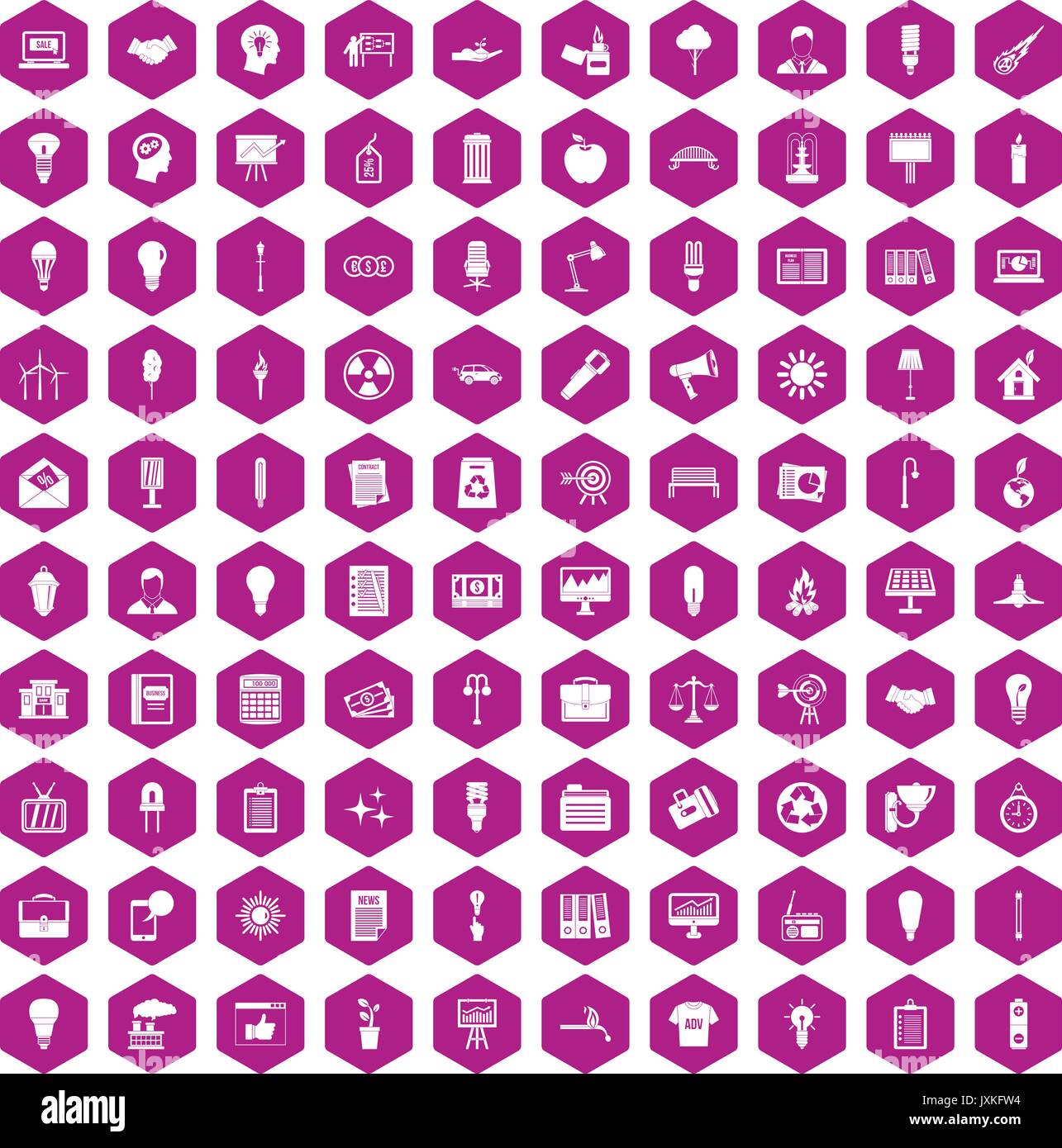 100 lamp icons hexagon violet Stock Vector