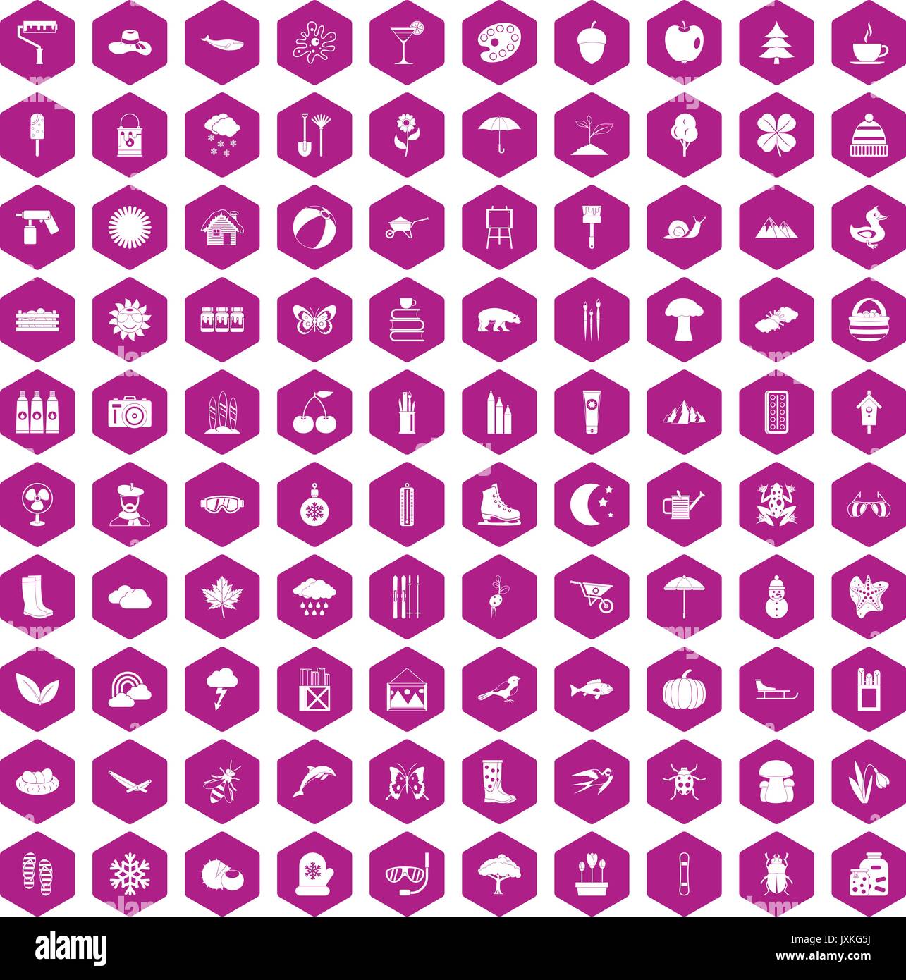 100 landscape icons hexagon violet Stock Vector