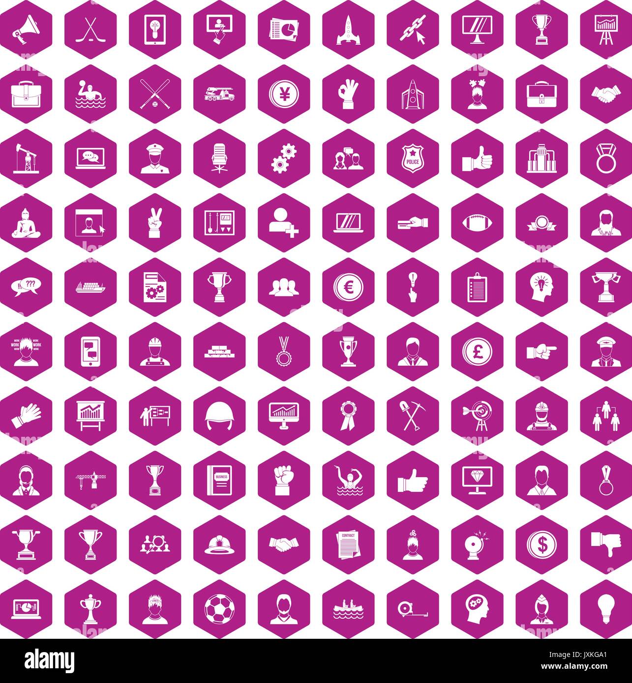 100 leadership icons hexagon violet Stock Vector