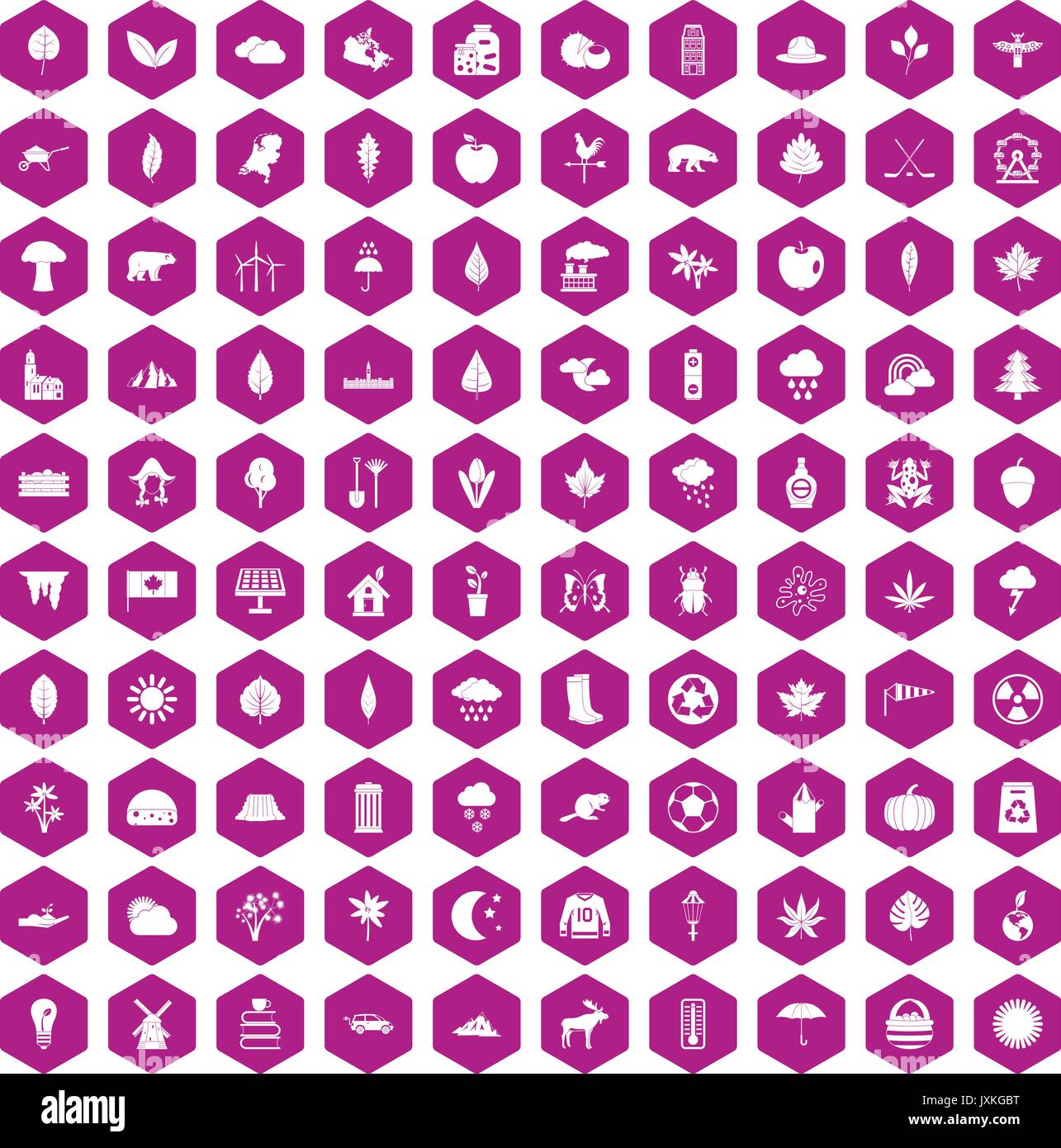 100 leaf icons hexagon violet Stock Vector