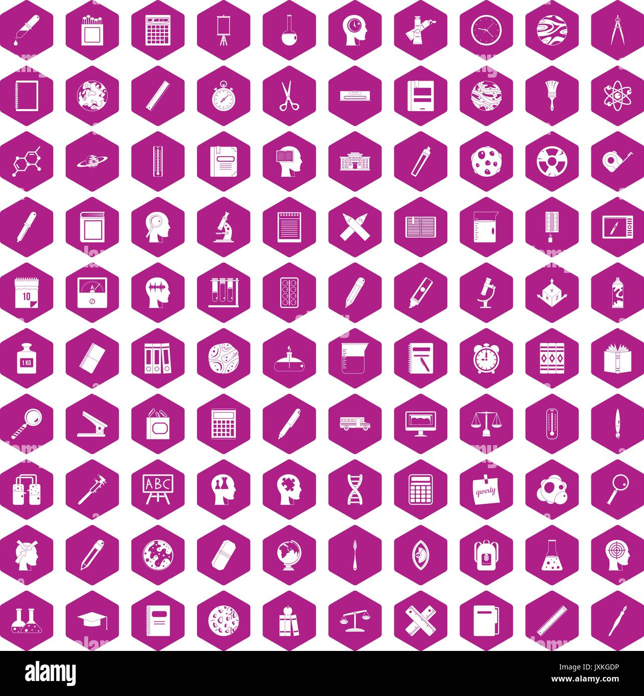 100 learning icons hexagon violet Stock Vector
