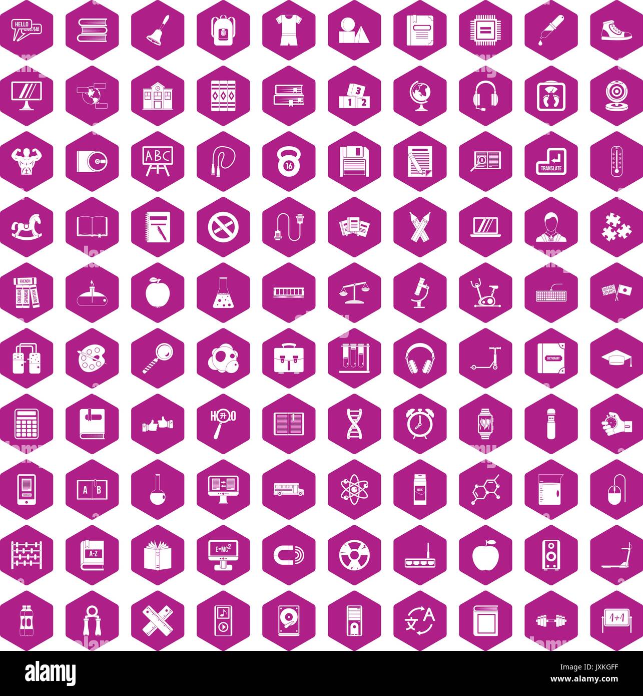 100 learning kids icons hexagon violet Stock Vector