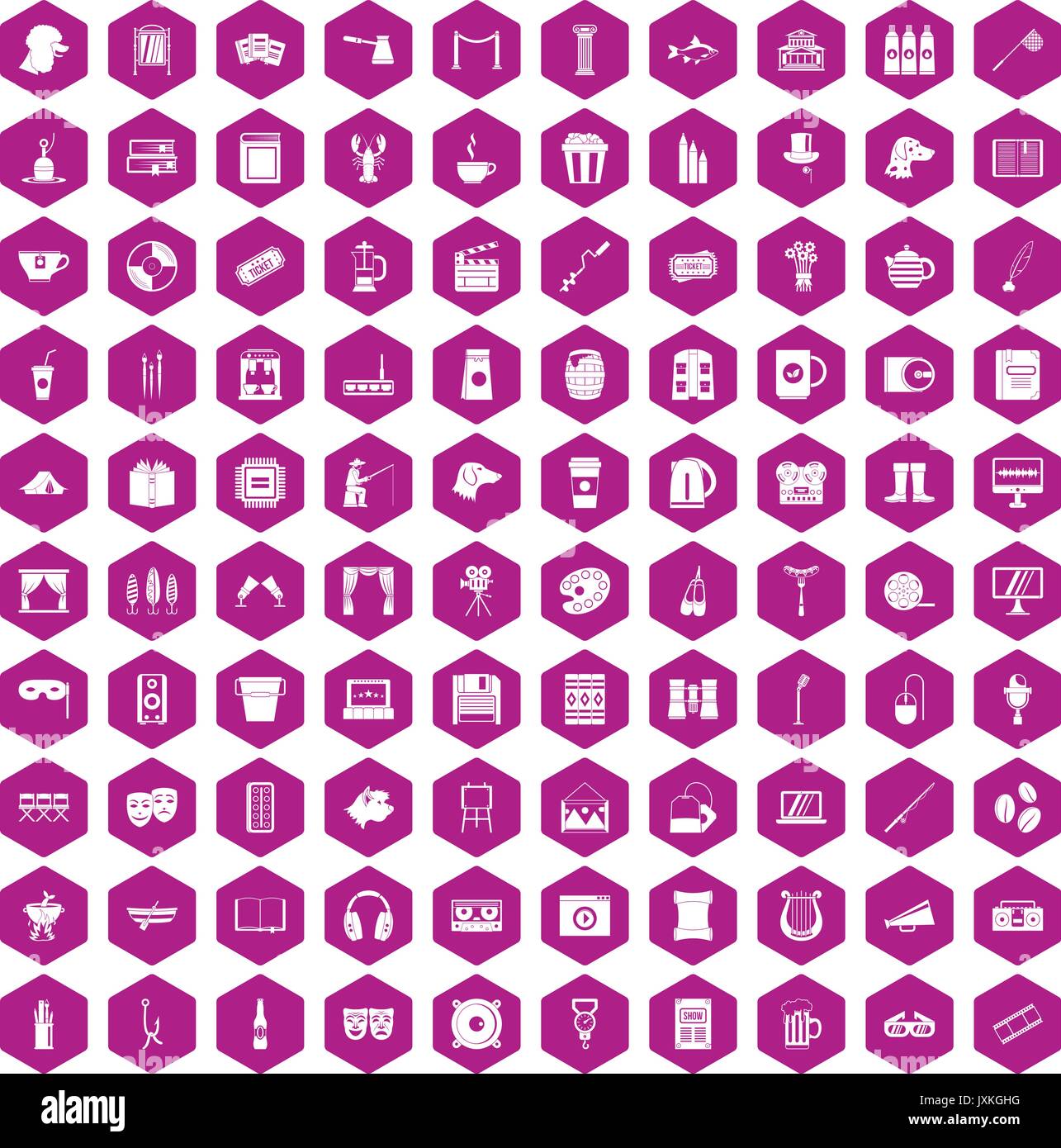 100 leisure icons hexagon violet Stock Vector