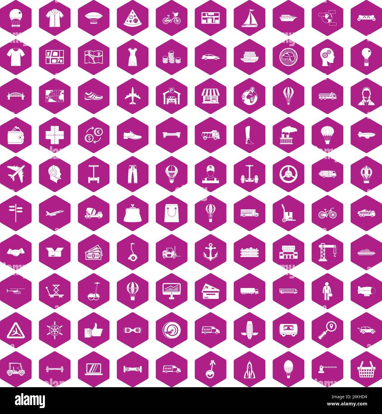 100 logistics icons hexagon violet Stock Vector