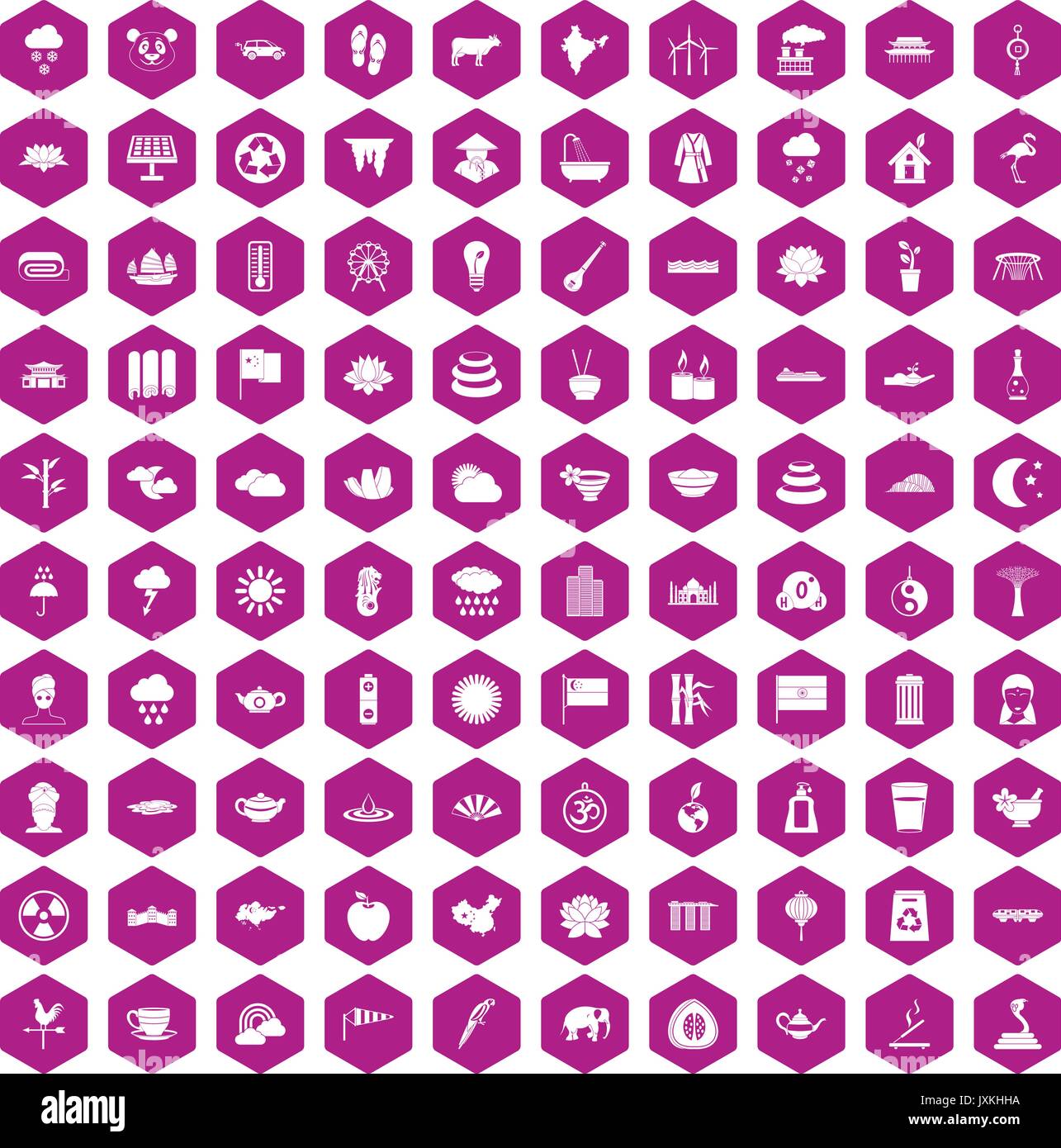 100 lotus icons hexagon violet Stock Vector