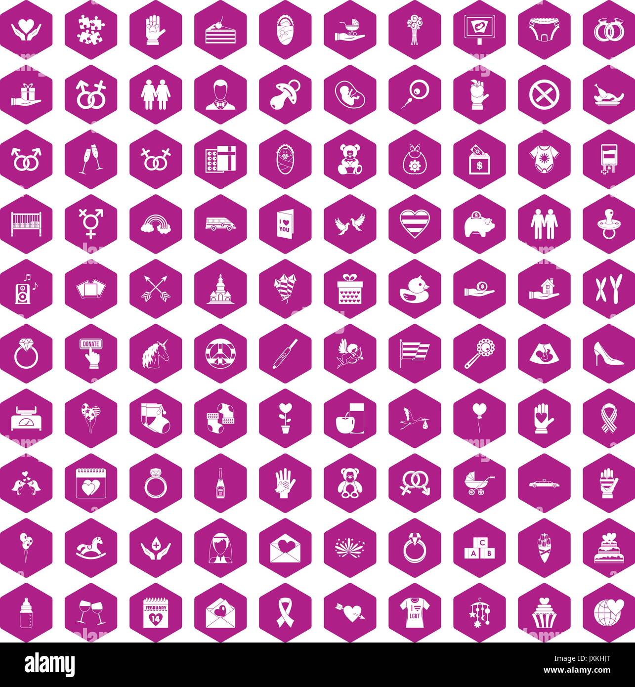100 love icons hexagon violet Stock Vector