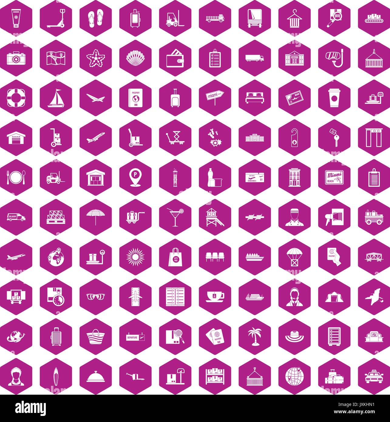 100 luggage icons hexagon violet Stock Vector