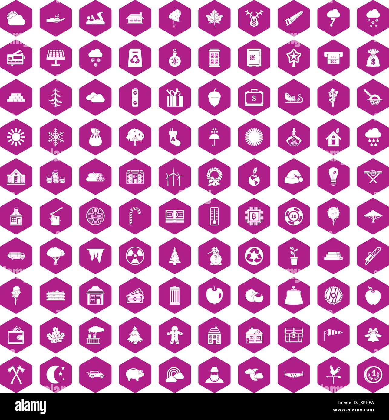100 lumberjack icons hexagon violet Stock Vector