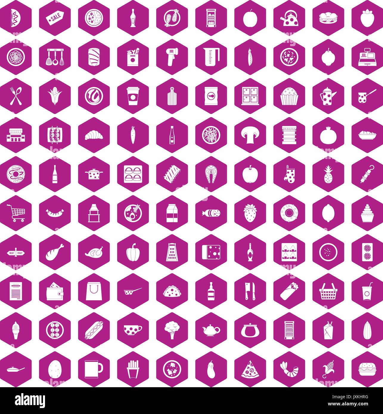 100 lunch icons hexagon violet Stock Vector