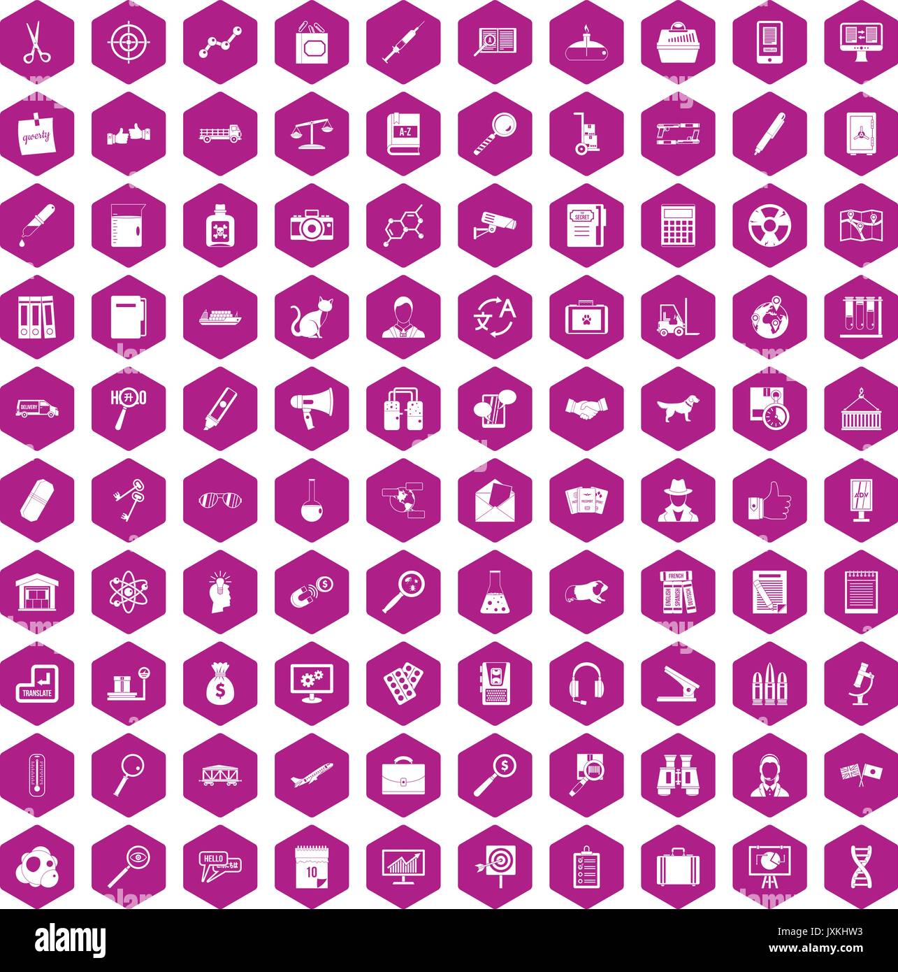 100 magnifier icons hexagon violet Stock Vector