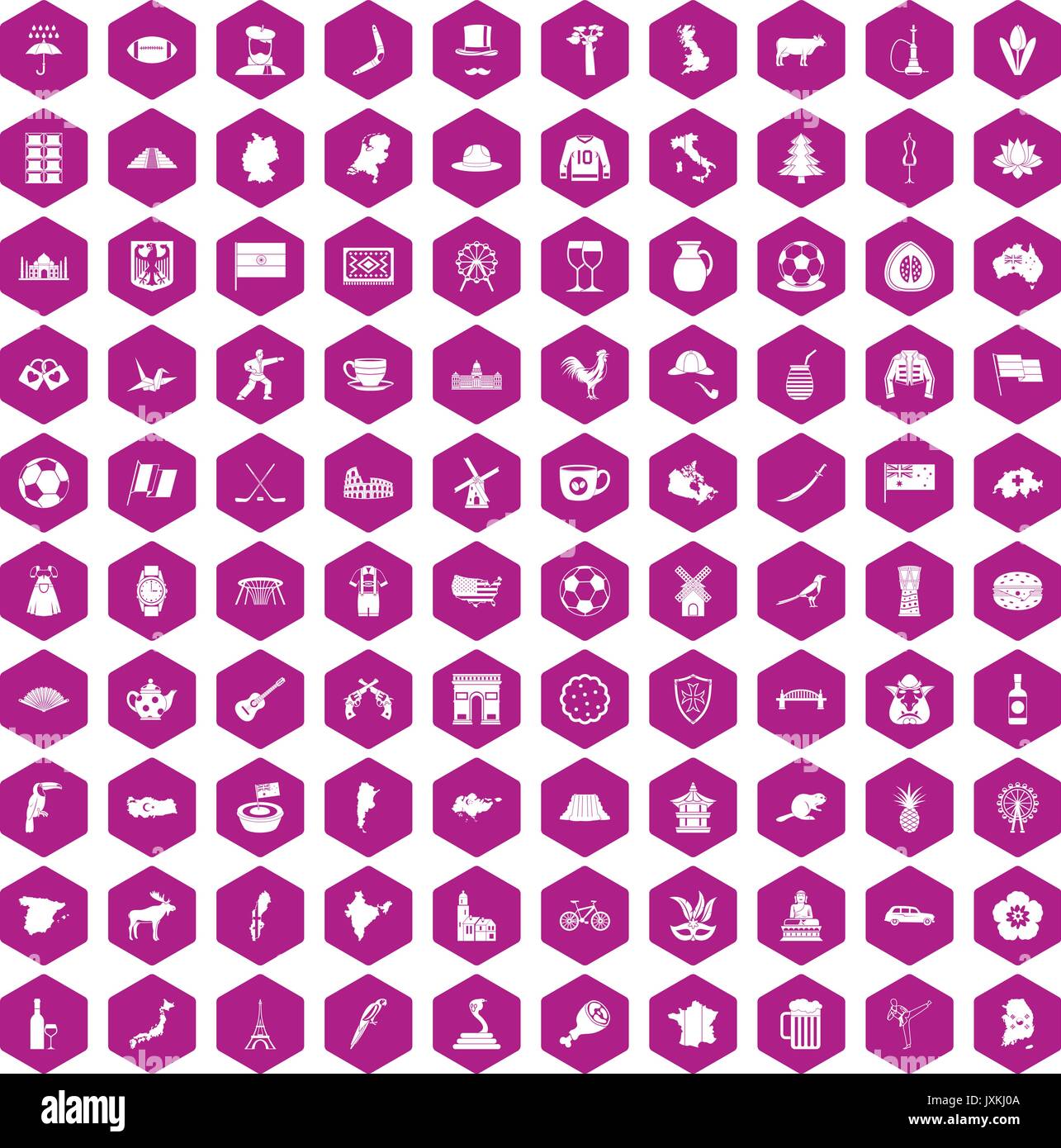 100 map icons hexagon violet Stock Vector