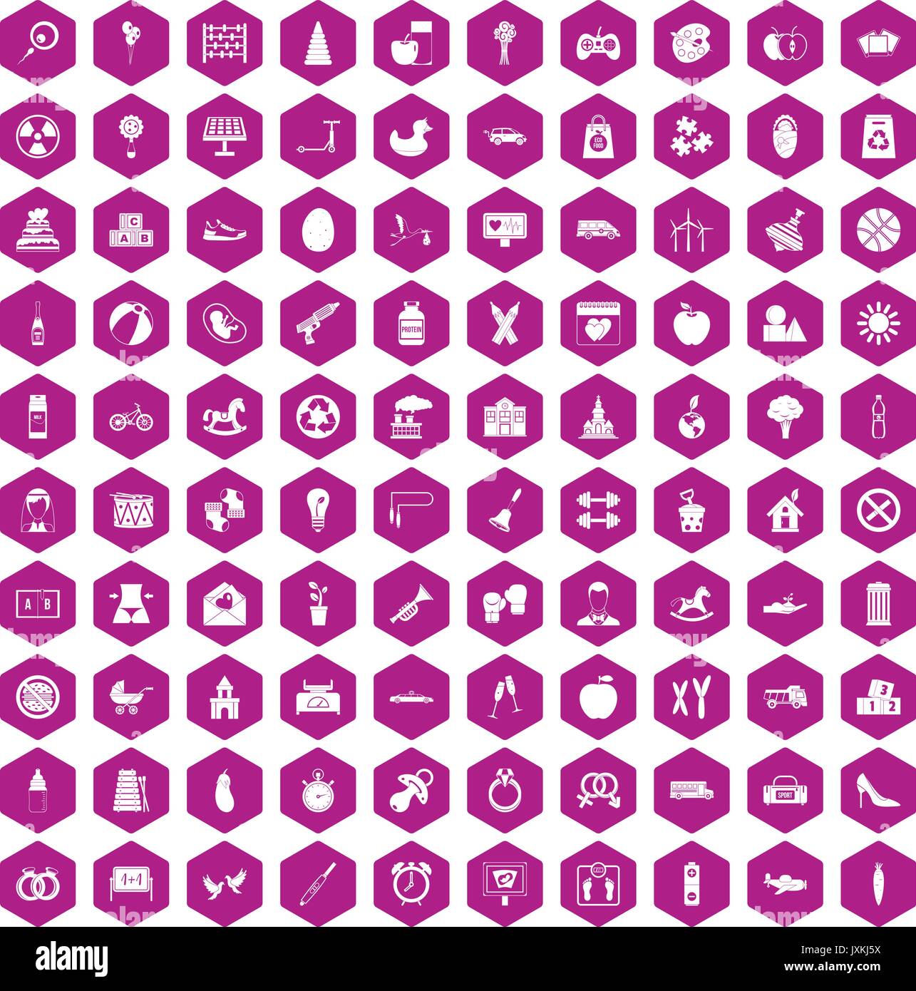 100 maternity leave icons hexagon violet Stock Vector