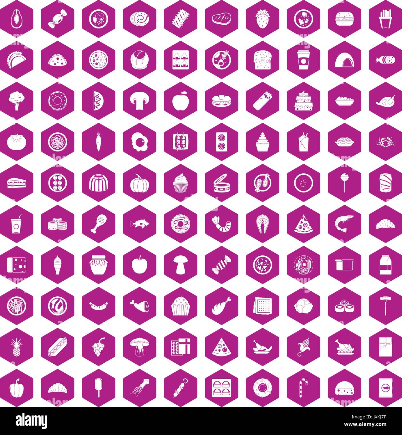 100 meal icons hexagon violet Stock Vector