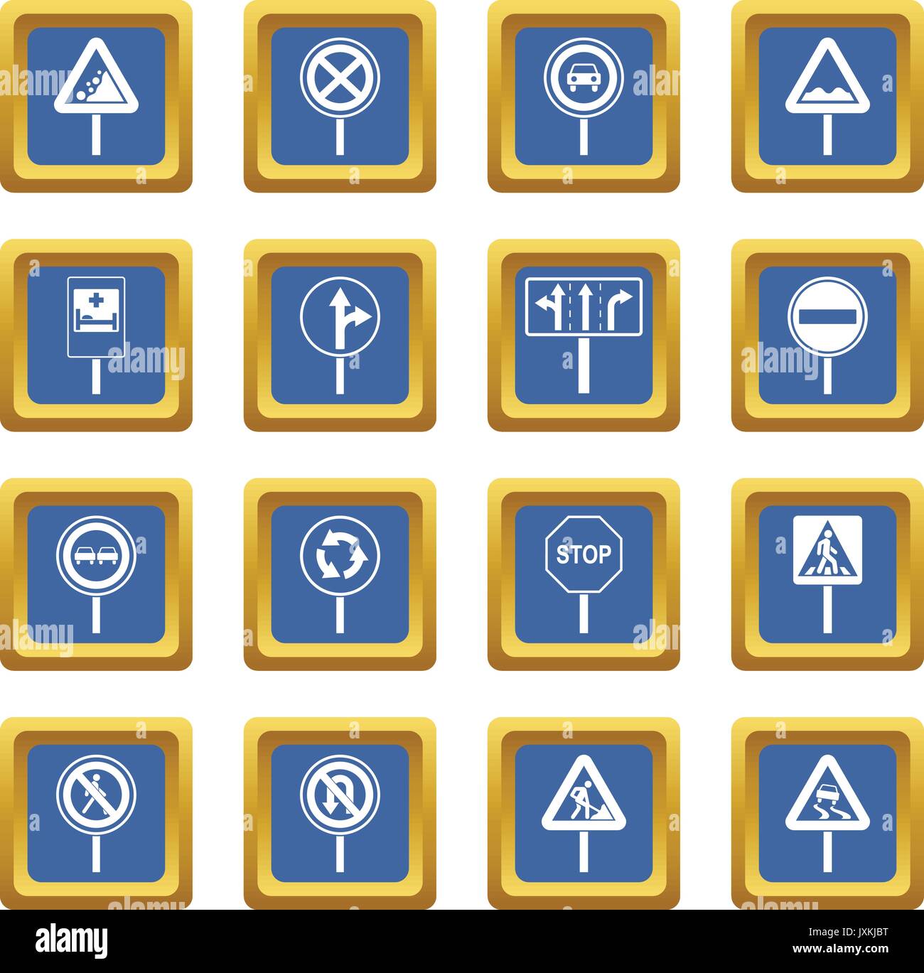 Different road signs icons set blue Stock Vector