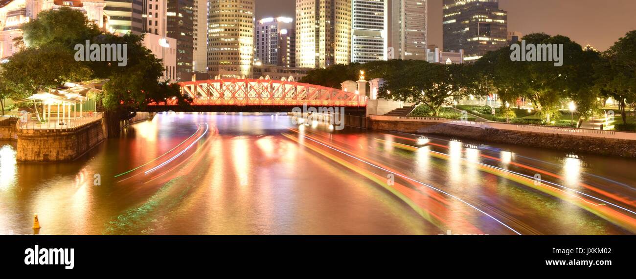 Singapore River, Boat Quay, Night Lights Stock Photo