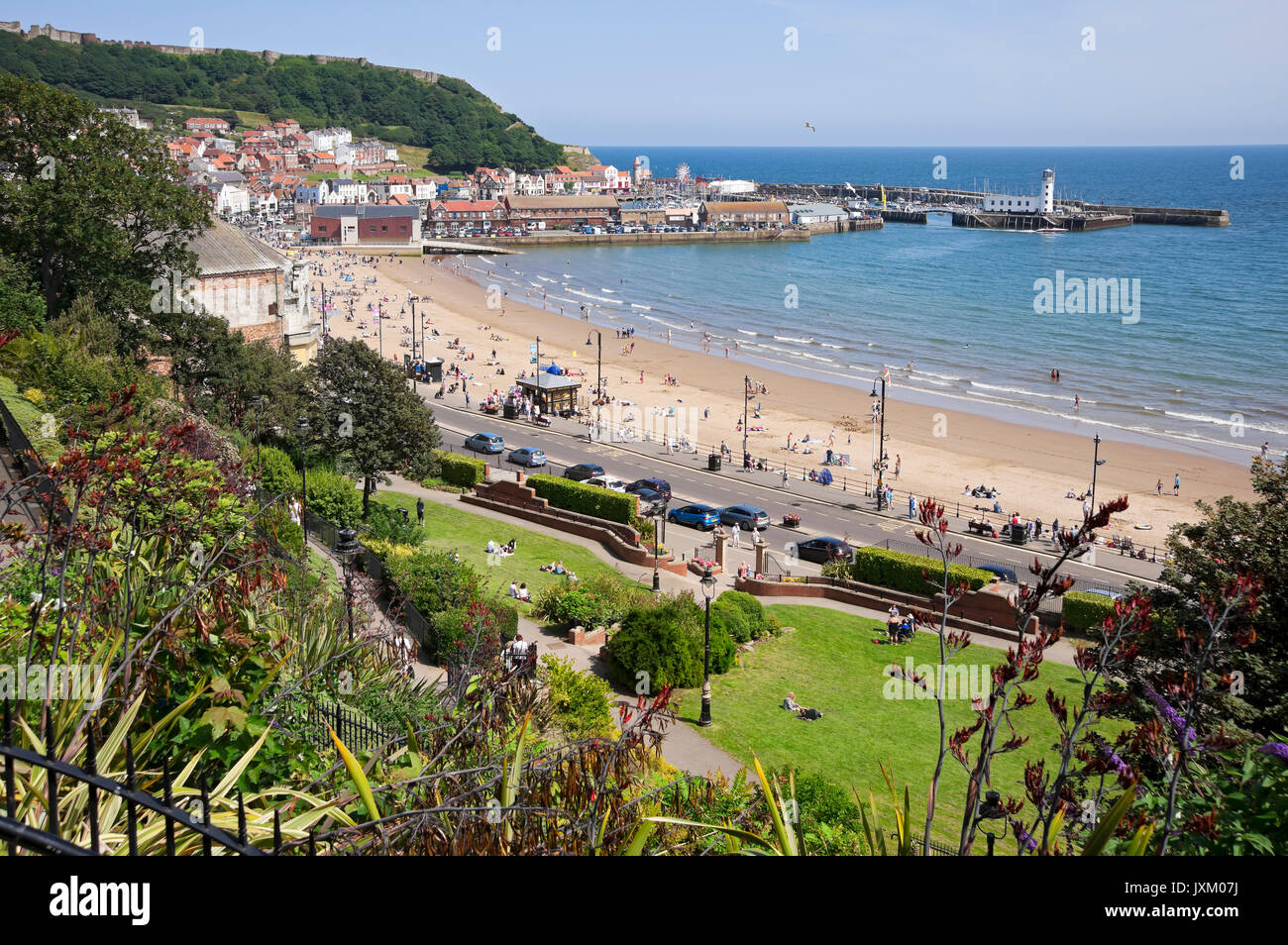 View across South Bay beach in summer Scarborough seafront North Yorkshire England UK United Kingdom GB Great Britain Stock Photo