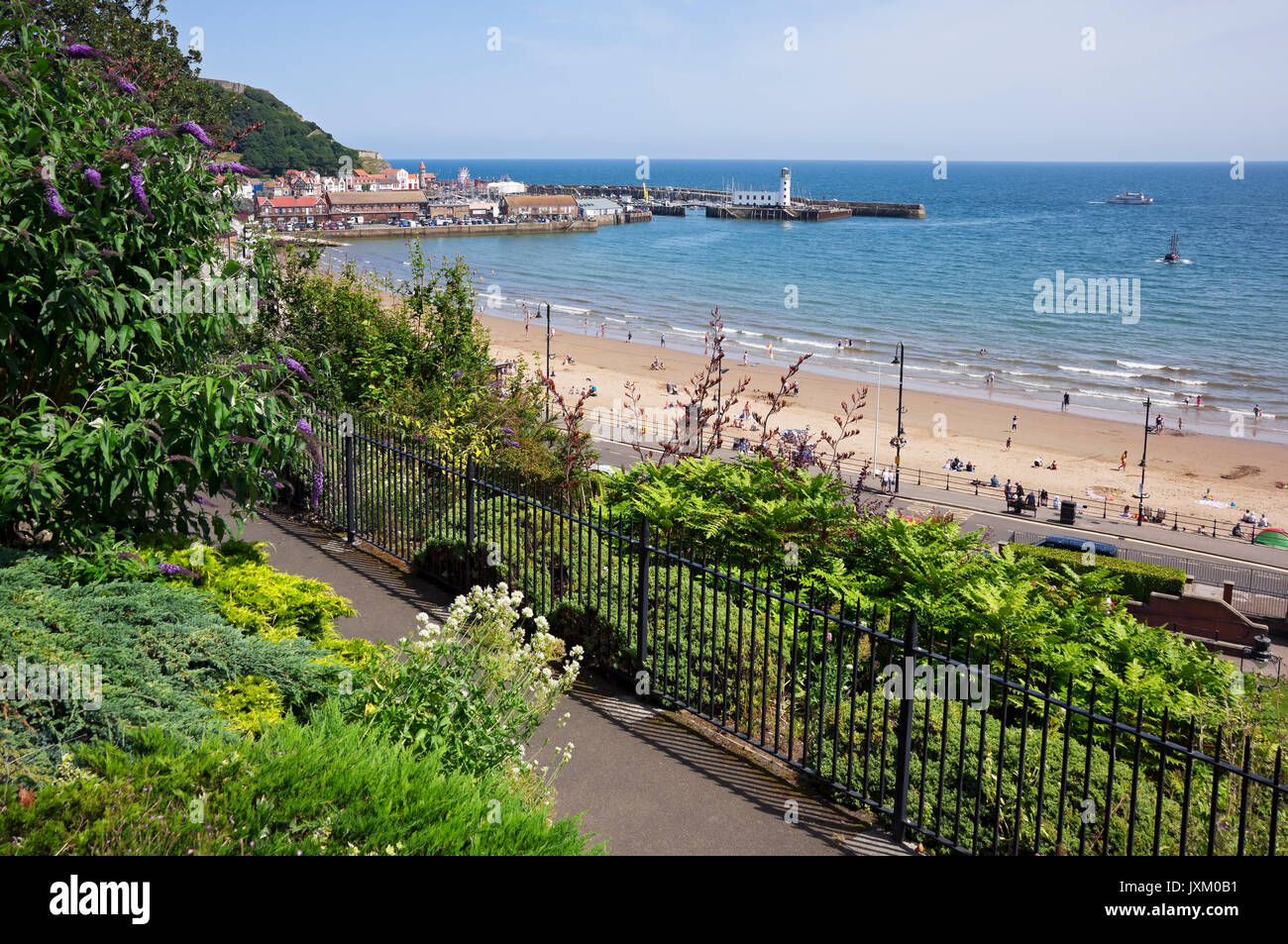 View across South Bay beach in summer Scarborough seafront North Yorkshire England UK United Kingdom GB Great Britain Stock Photo