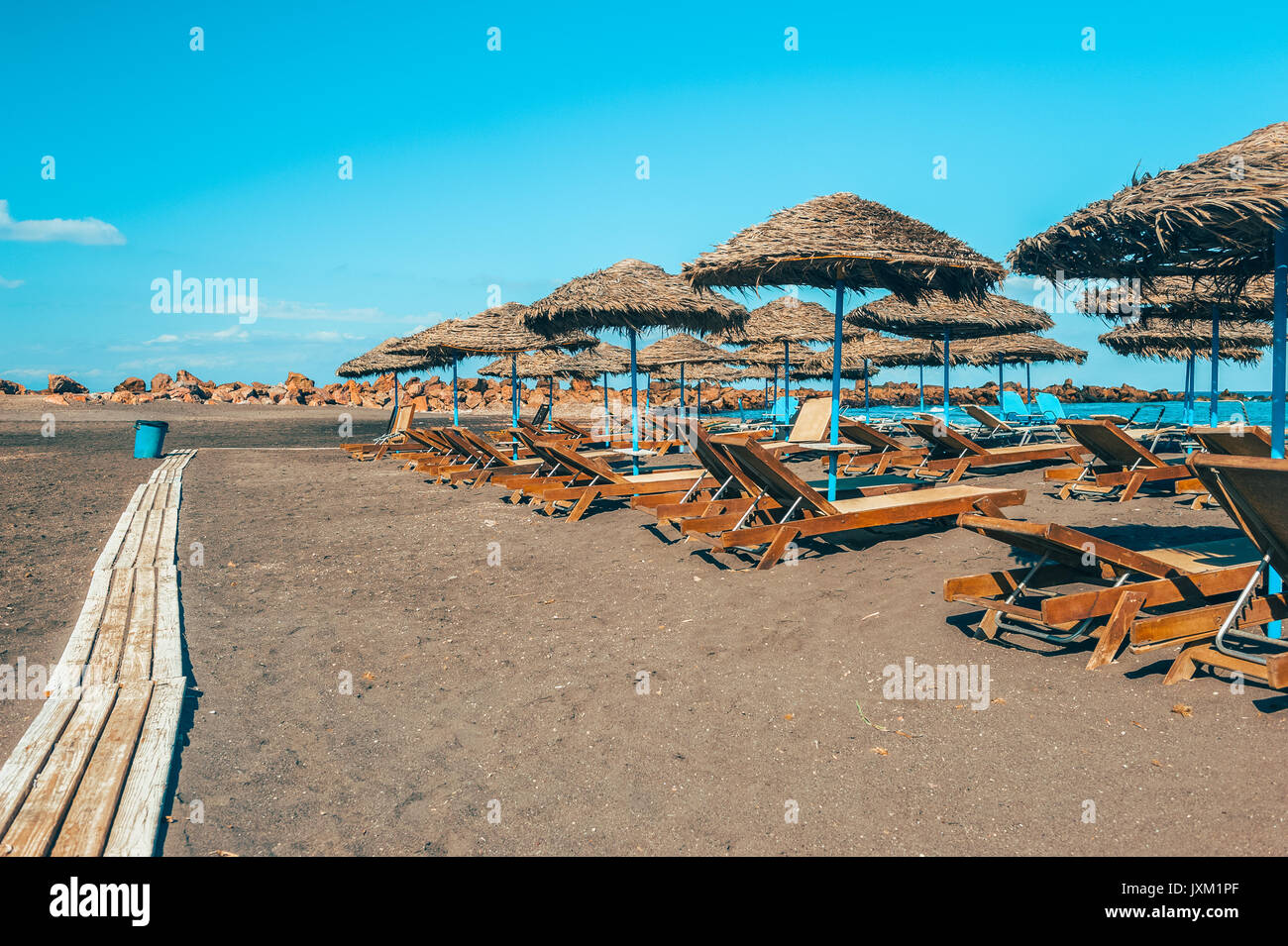 Gray Sand beach of Monolithos Santorini Greece Stock Photo