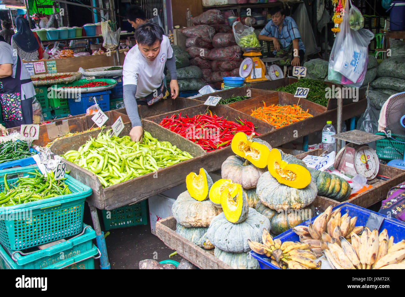 Fruit and vegetable stall on Khlong Toei wet market, Bangkok, Thailand Stock Photo