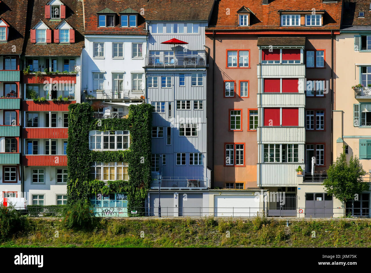 Colorful waterfront houses in Basel, Switzerland Stock Photo Alamy
