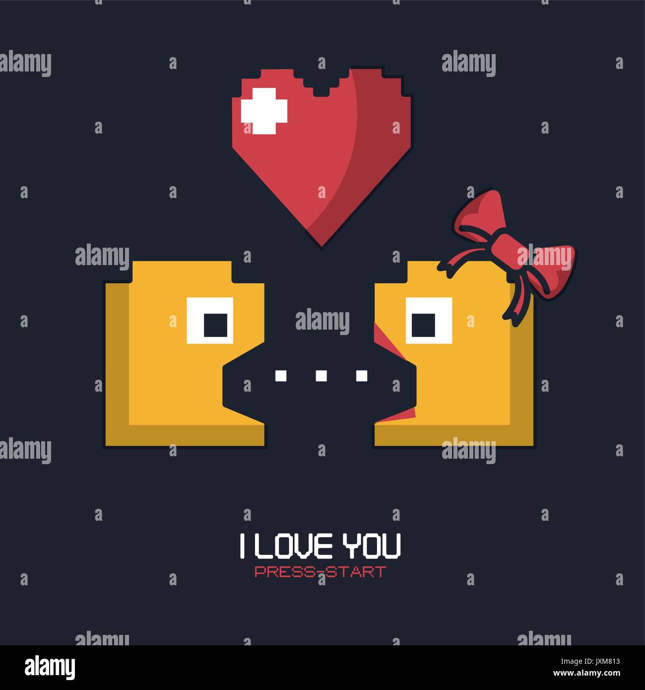 colorful poster of i love you press start with graphics of pacman game Stock Vector