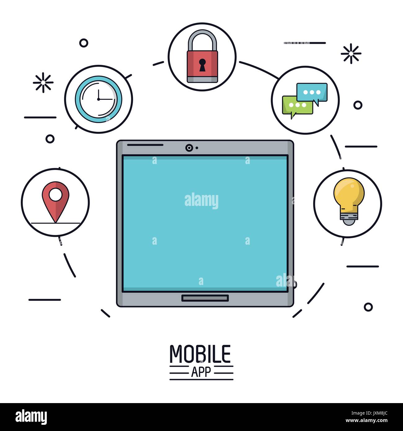white background poster of mobile app with tablet device and icons app