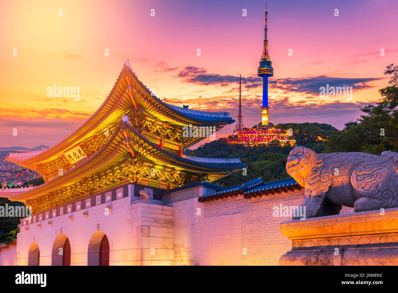 Landmark of Korea with covered Gyeongbokgung n Seoul Tower , South korea Stock Photo