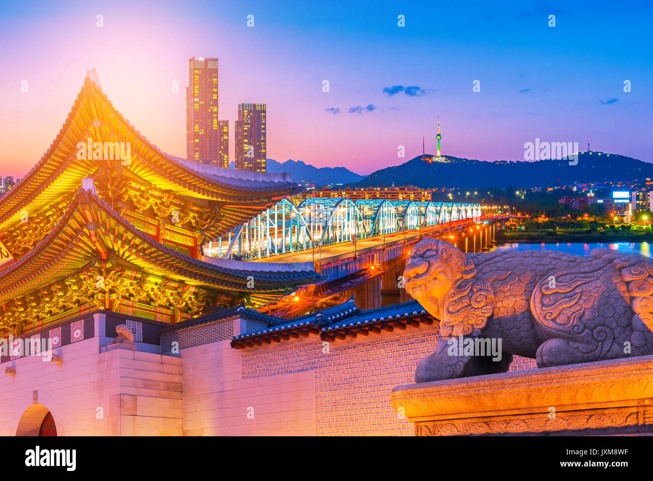 Landmark of Korea with covered Gyeongbokgung n Seoul Tower , South korea Stock Photo