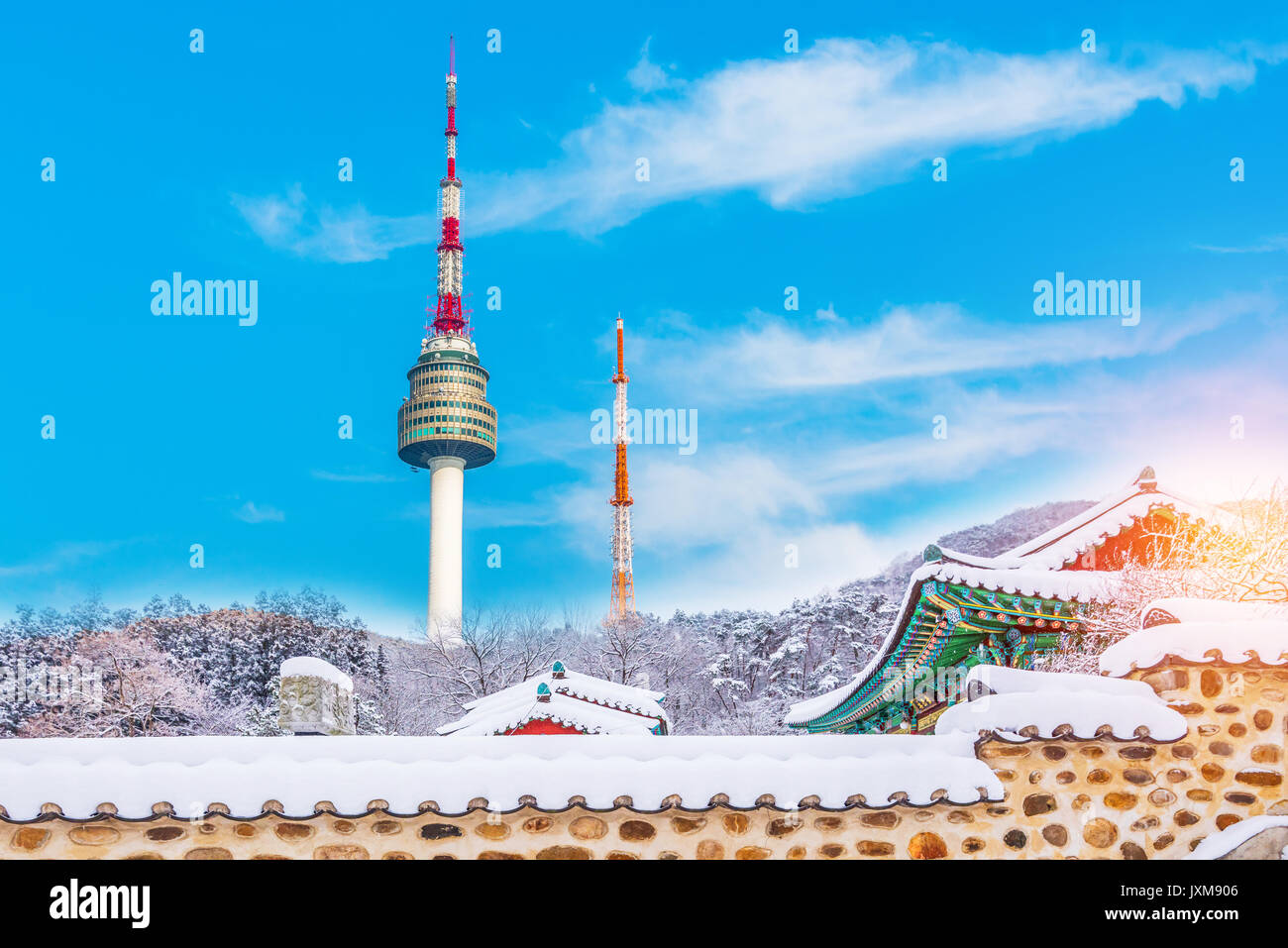 Landmark of Korea with covered Winter Snow n Seoul Tower , South korea Stock Photo