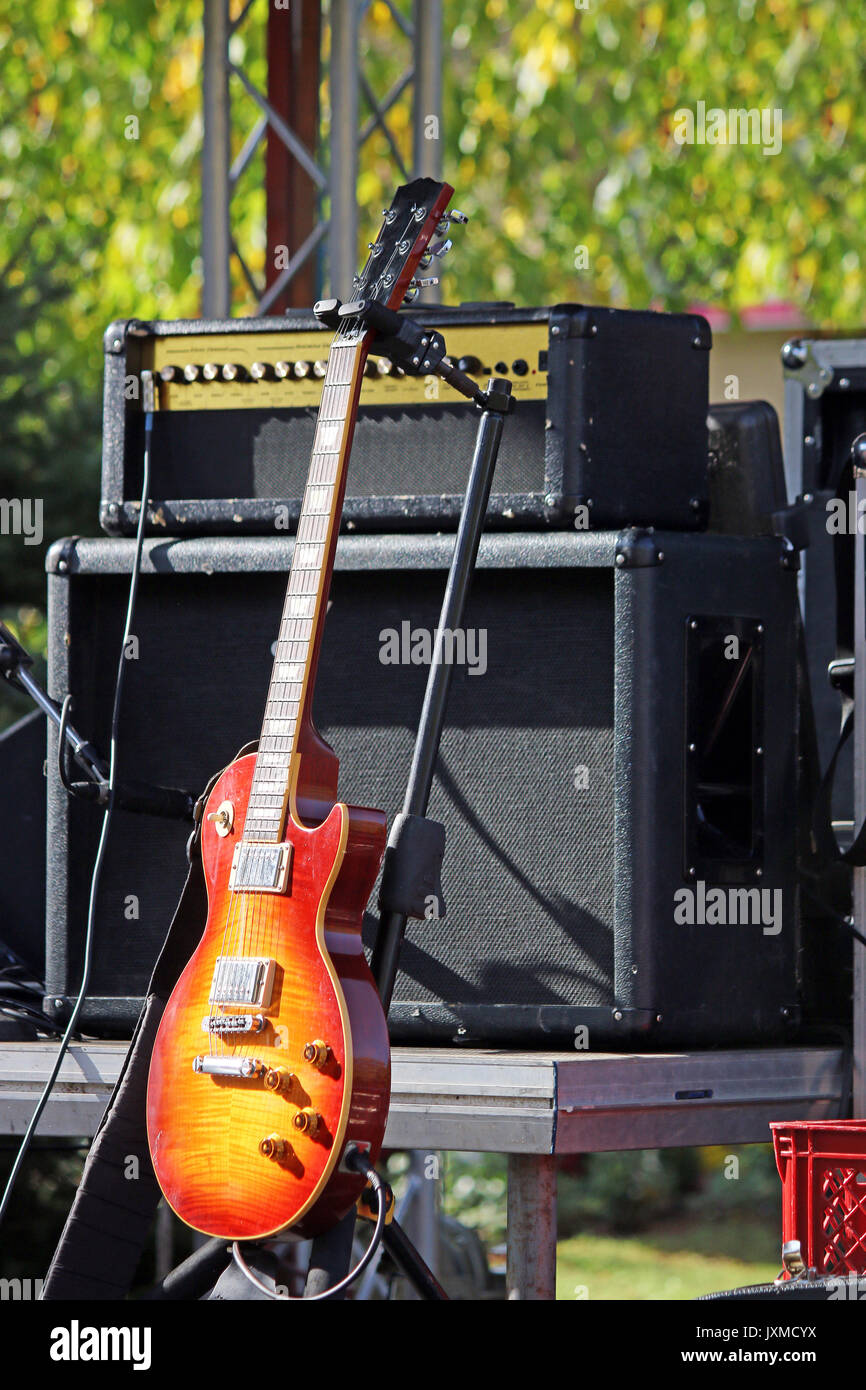 electric guitar and amplifier on stage Stock Photo Alamy