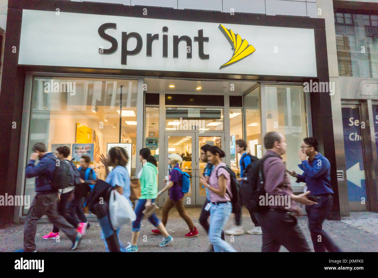 A Sprint store in the Herald Square neighborhood in New York on Tuesday, August 8, 2017. SoftBank, parent of Sprint,  is reported to be exploring  a takeover of Charter Communications, a cable provider. (© Richard B. Levine) Stock Photo