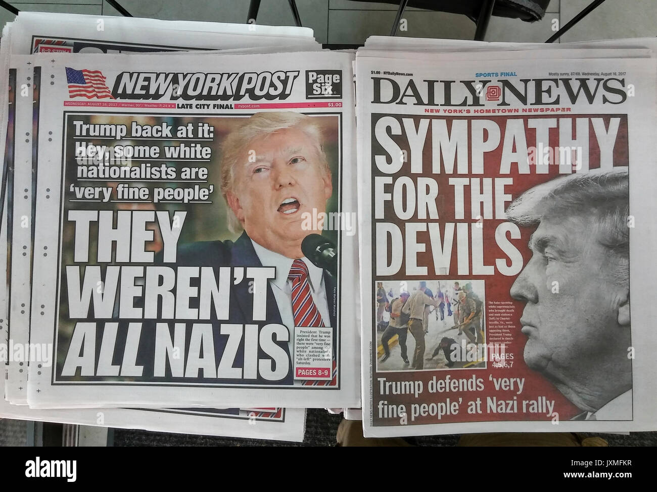 New York newspapers on Wednesday, August 16, 2017 report on the previous day's press conference where President Donald Trump's statements supported the alt-right, neo-Nazis and white supremacists at the melee in Charlottesville, Virginia. (© Richard B. Levine) Stock Photo