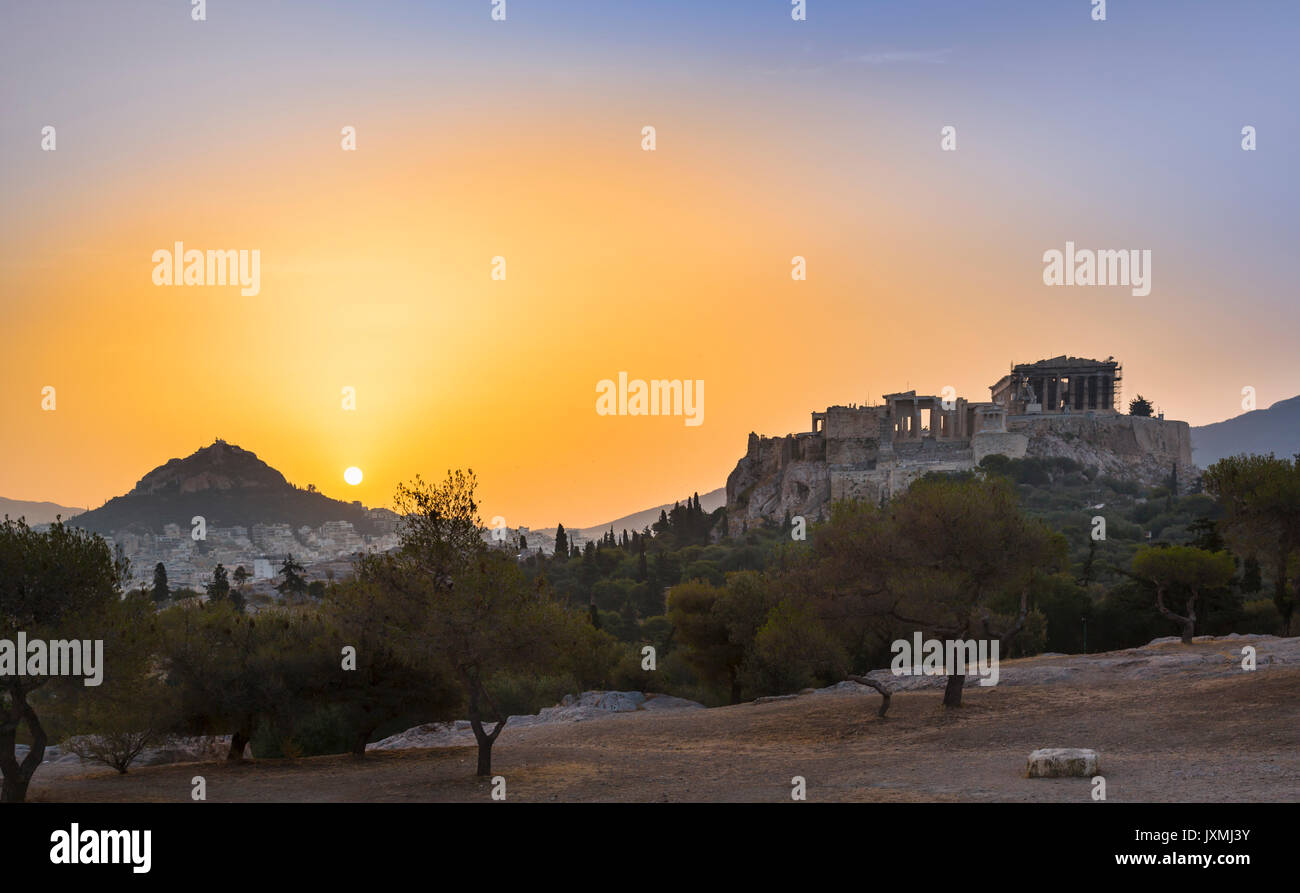 Ruins of the acropolis at sunset, Athens, Attiki, Greece, Europe Stock Photo
