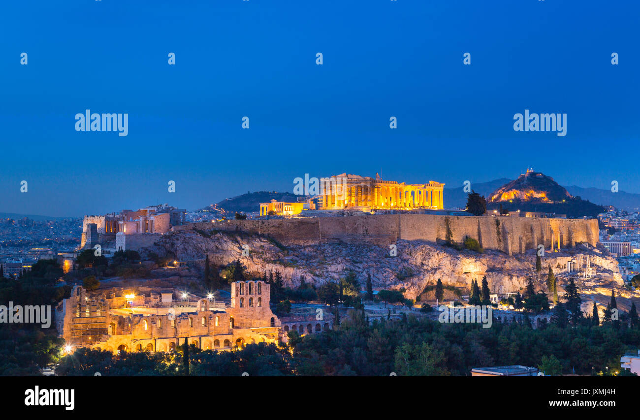 The Acropolis illuminated at night, Athens, Attiki, Greece, Europe Stock Photo