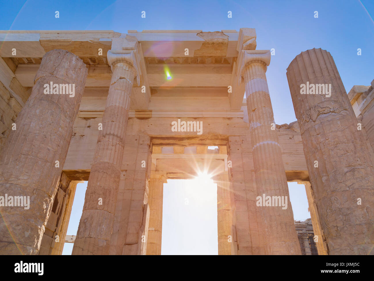 Sunlight on the acropolis ruins, Athens, Attiki, Greece, Europe Stock Photo