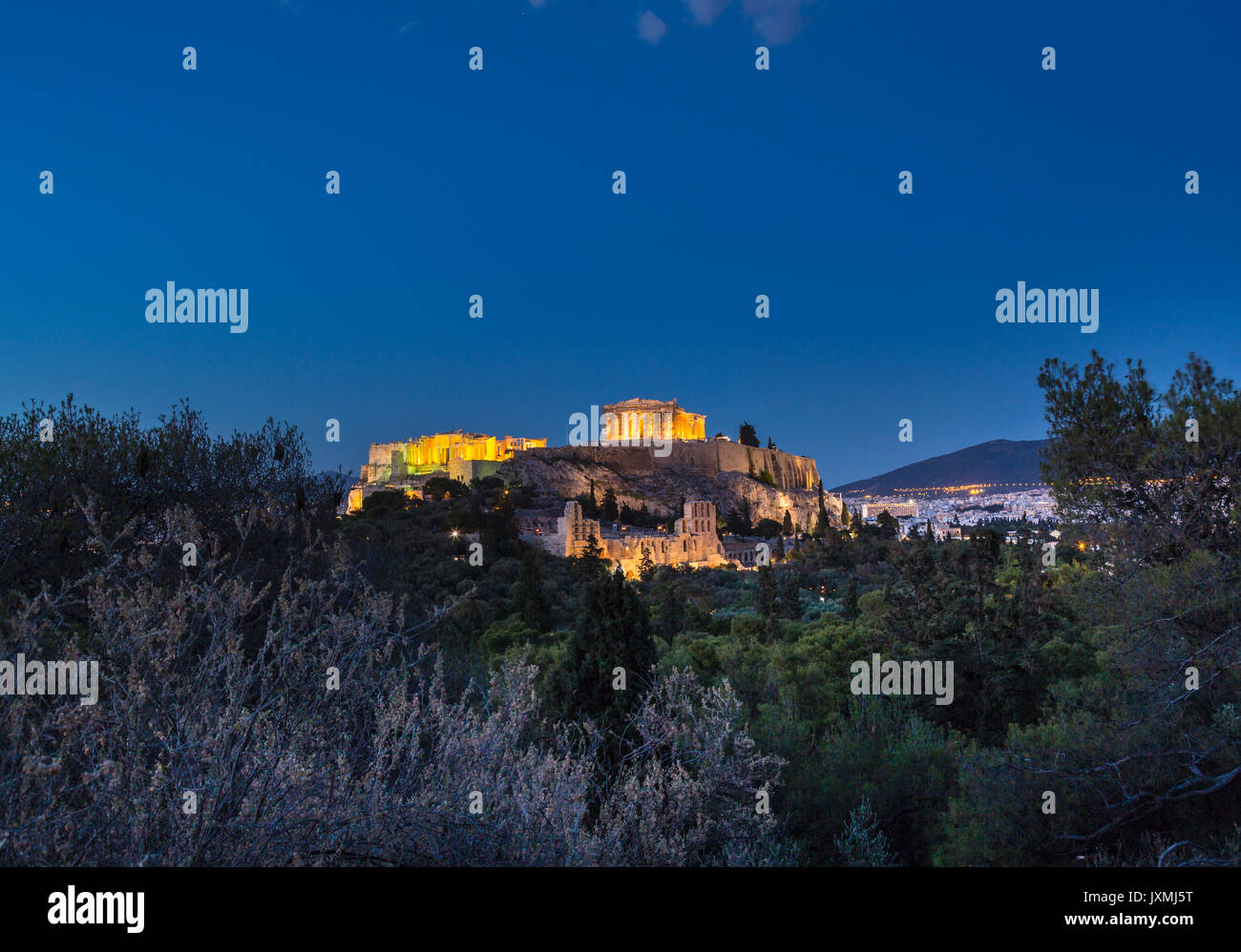 The Acropolis illuminated at night, Athens, Attiki, Greece, Europe Stock Photo