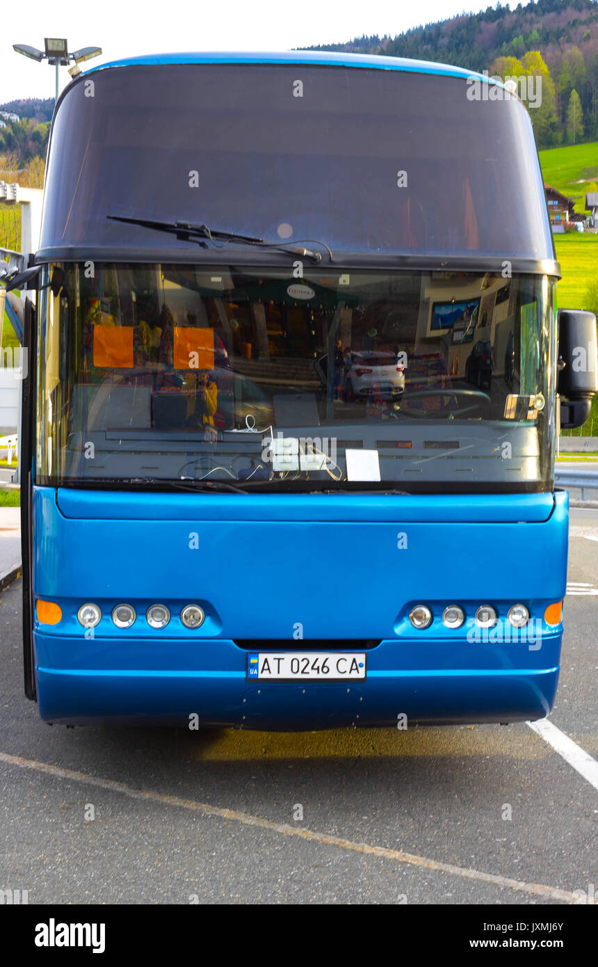 Boryspil, Ukraine - May 1, 2017: Blue bus at the Boryspil international airport Stock Photo