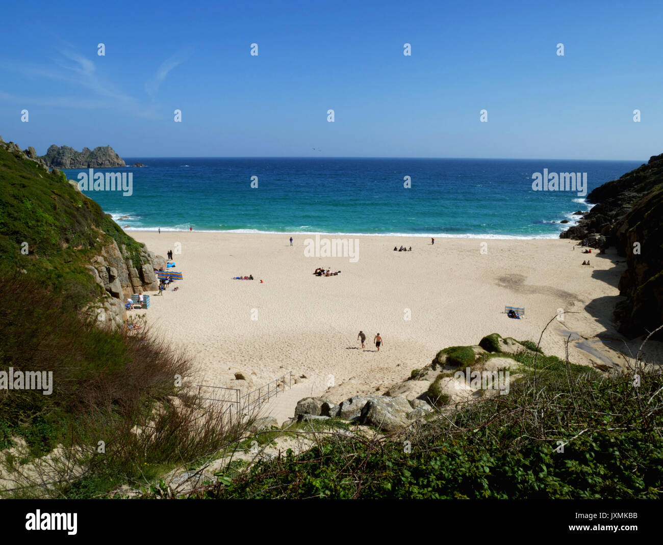 The white sandy beach at Porthcurno, Cornwall. Stock Photo