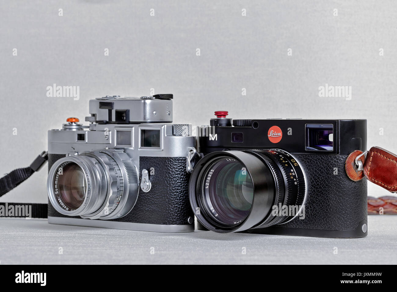 Leica camera. 1957 Vintage Leica M3 film camera and modern counterpart