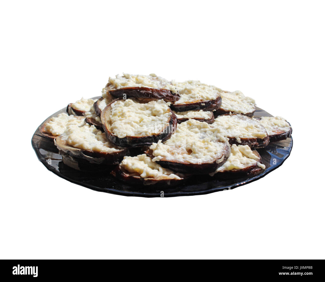 dish from fried pieces of eggplants isolated on the white background Stock Photo