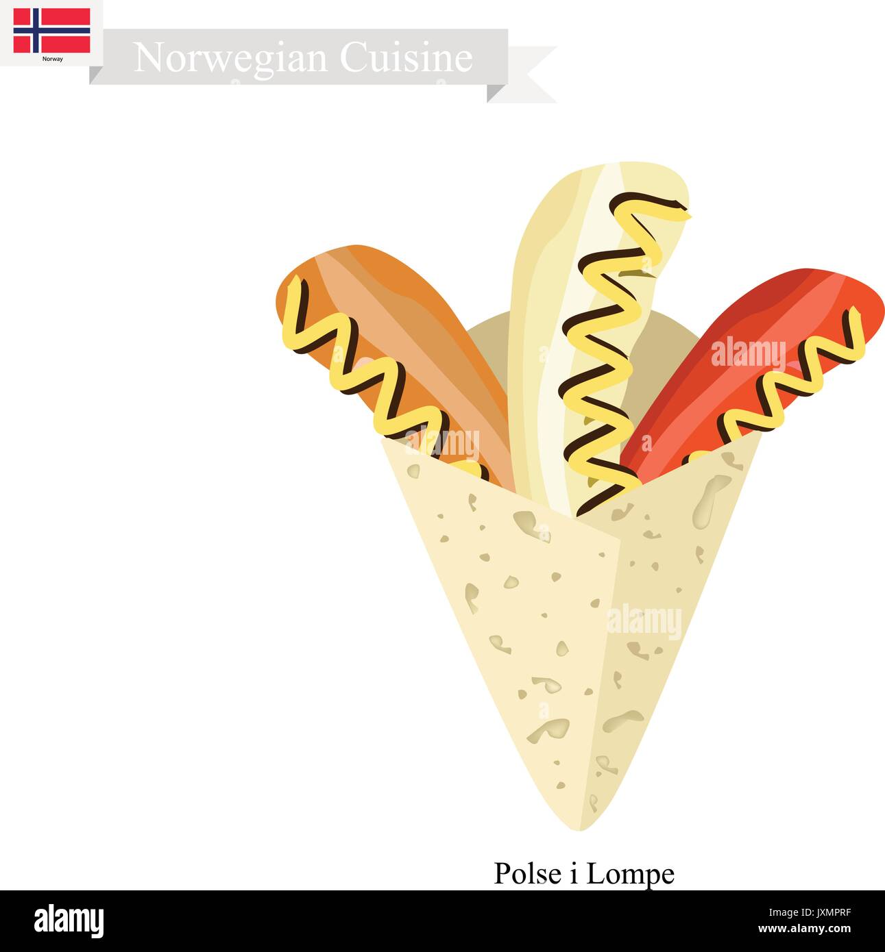 Norwegian Cuisine, Illustration of Polsevogn or Traditional Hot Dog Made of  Sausage with Mustard in A Thin Tortilla. One of The Most Famous Dish in No  Stock Vector Image & Art -
