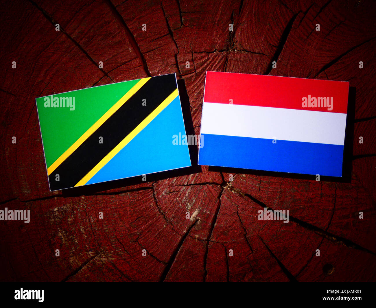 Tanzanian Flag With Dutch Flag On A Tree Stump Isolated Stock Photo Alamy